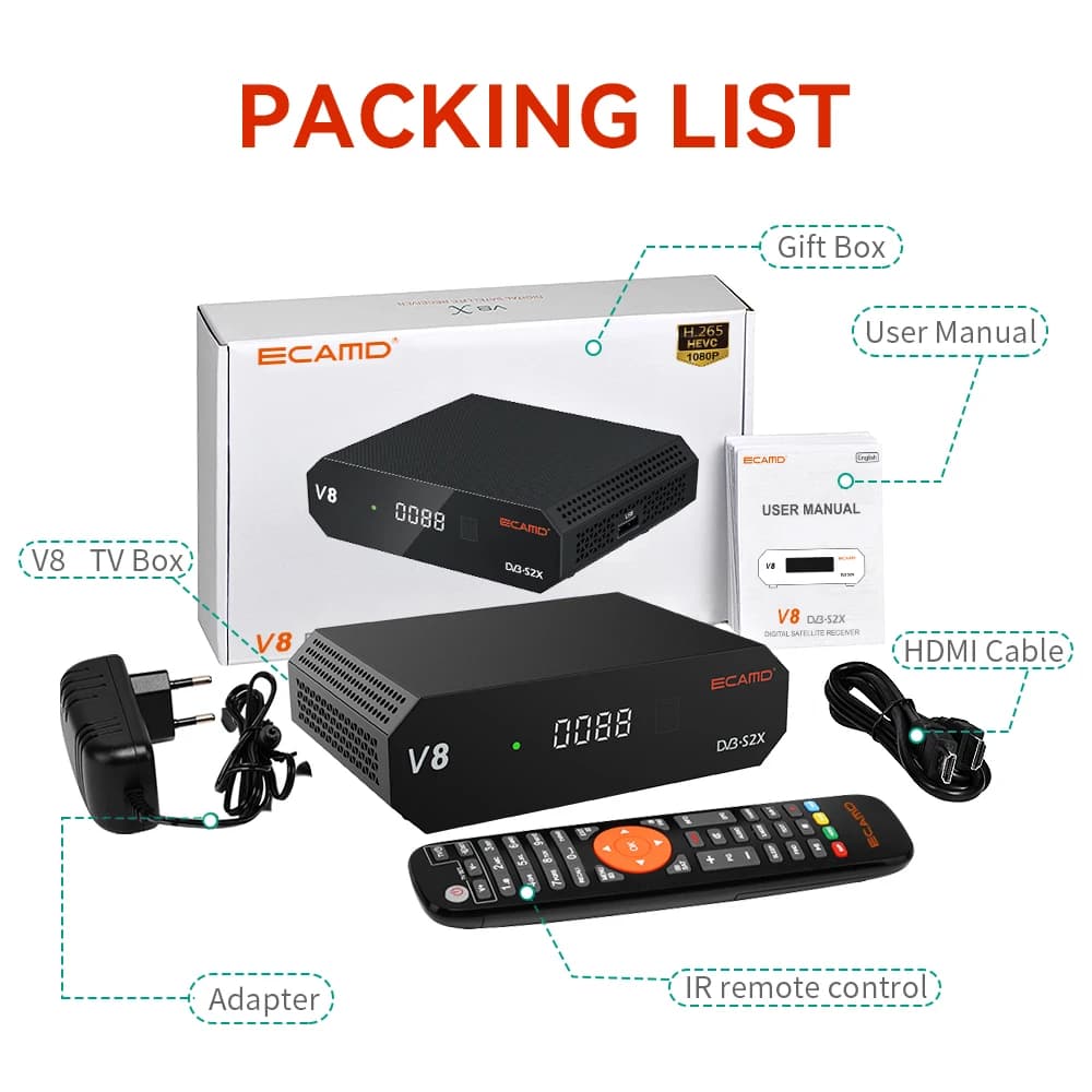 ECAMD V8 récepteur TV par Satellite Cccam Newcam Mgcam DVB-S/S2/S2X 1080P HD 2.4G WIFI HEVC décodeur