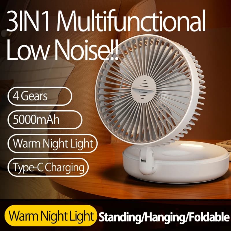 Petit ventilateur de bureau portable, aste, mural, pliable à 90 °, 4 vitesses, veilleuse chaude, 202