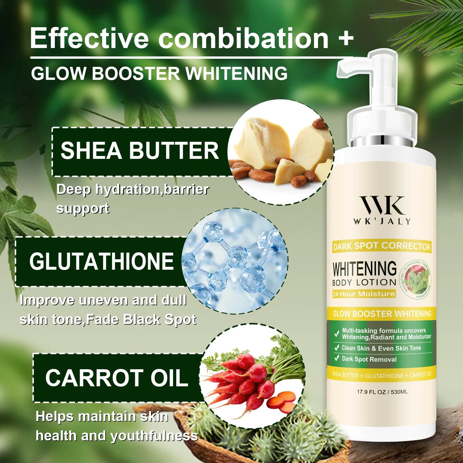 Lotion corporelle éclaircissante WK JALY au glutathion, correcteur de taches brunes, avec huile de c