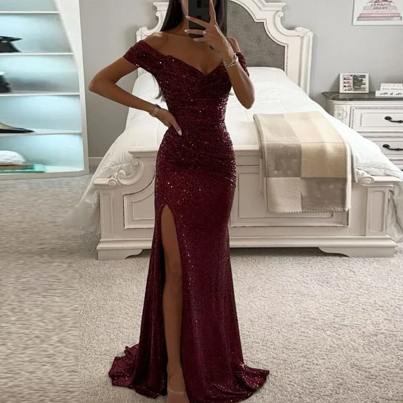 Robe de soirée longue à paillettes pour femmes, col slash, fente haute, hanches minces Sharkly, prin