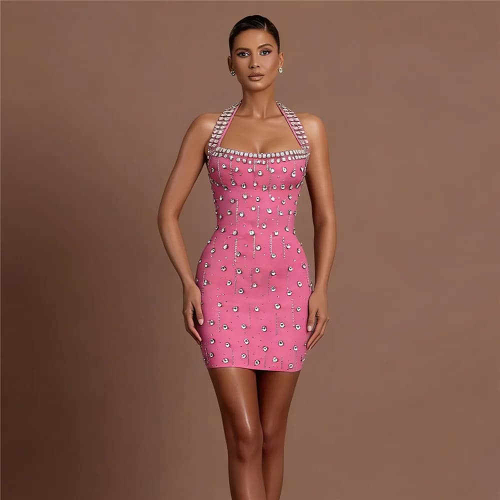 Robe de soirée mini pour femme, style halter, ornée de strass et de diamants, idéale pour les clubs 