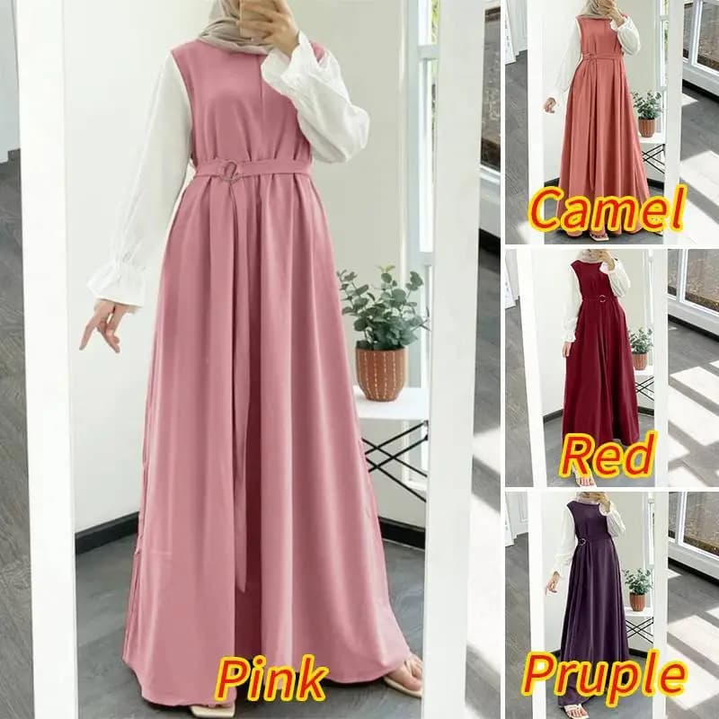 Robe Abaya à manches volantées pour femme musulmane col rond de haute qualité avec ceinture libre vê