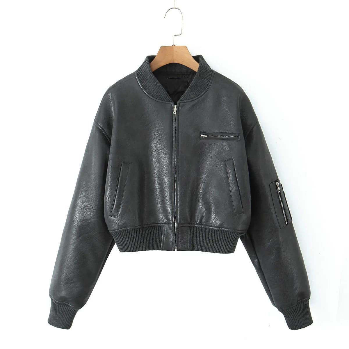 Y2K-Blouson en Cuir PU pour Femme, Col en V Côtelé, Manches sulf, Fermeture Éclair, Manteau Matelass