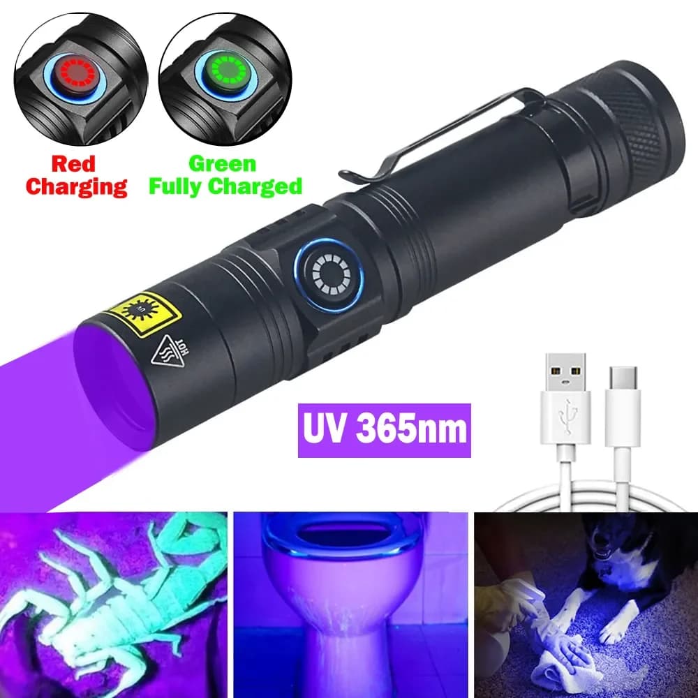 Mini lampe de poche UV 365nm 395NM lumière noire ultraviolette USB Rechargeable violet Linternas tap