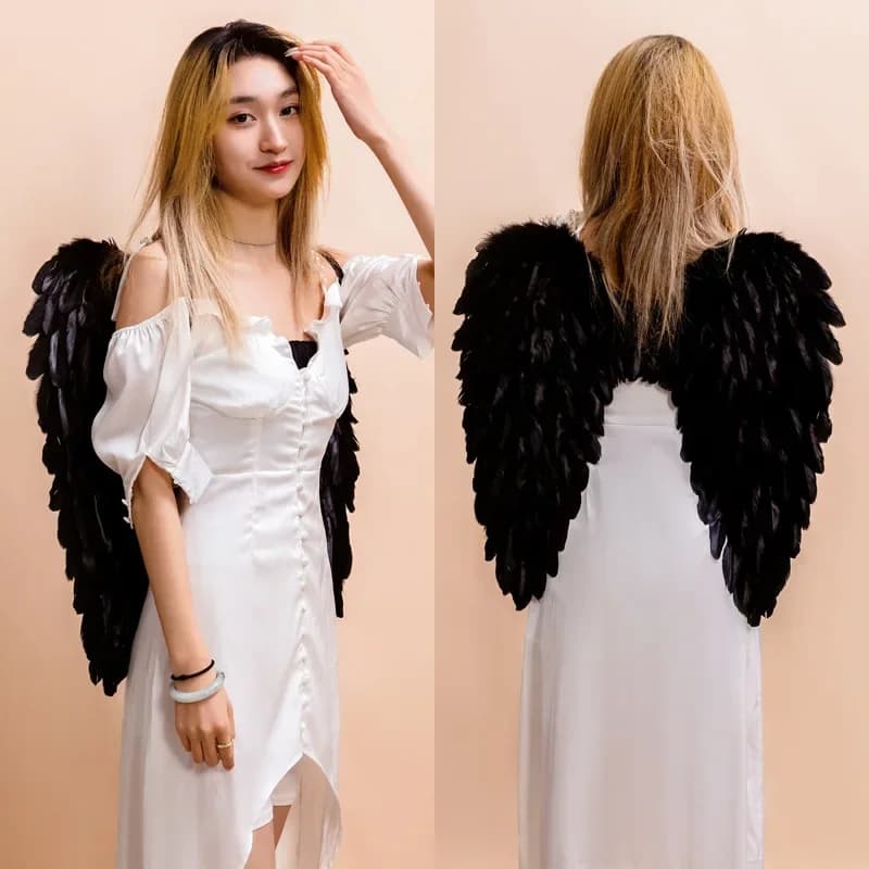 Ailes de plumes d'ange noires et blanches, accessoires de fête de vacances, aménagement de scène, dé
