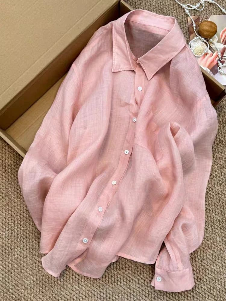 Chemise en lin bleue pour femme, été, fine, ample, en coton et lin, manches longues, protection sola