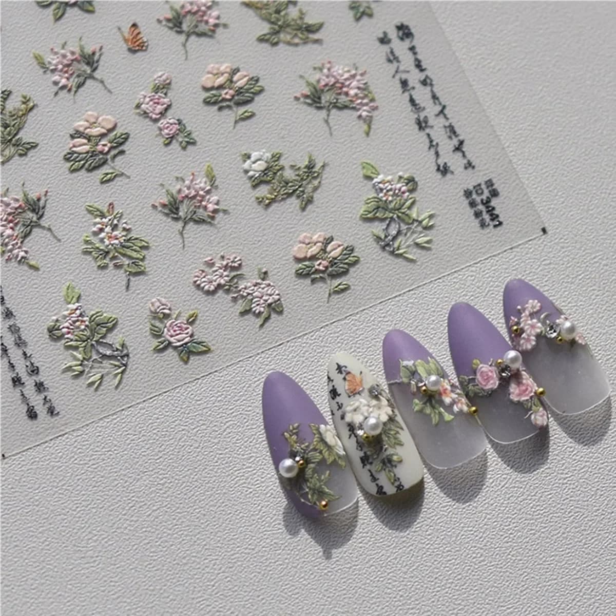 Autocollants 5D japonais en relief pour Nail Art, 1 pièce, pétale rose, fleur rétro élégante, transf