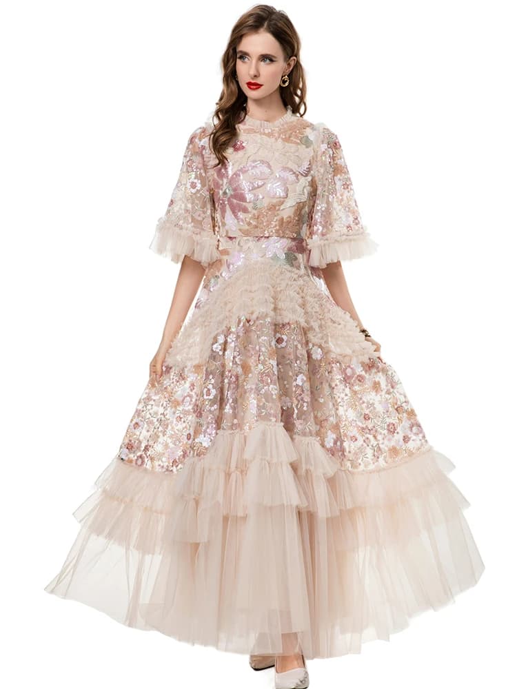 DSXDFACAIRIJ femmes paillettes fleur broderie col rond manches évasées à volants Vintage robe de bal