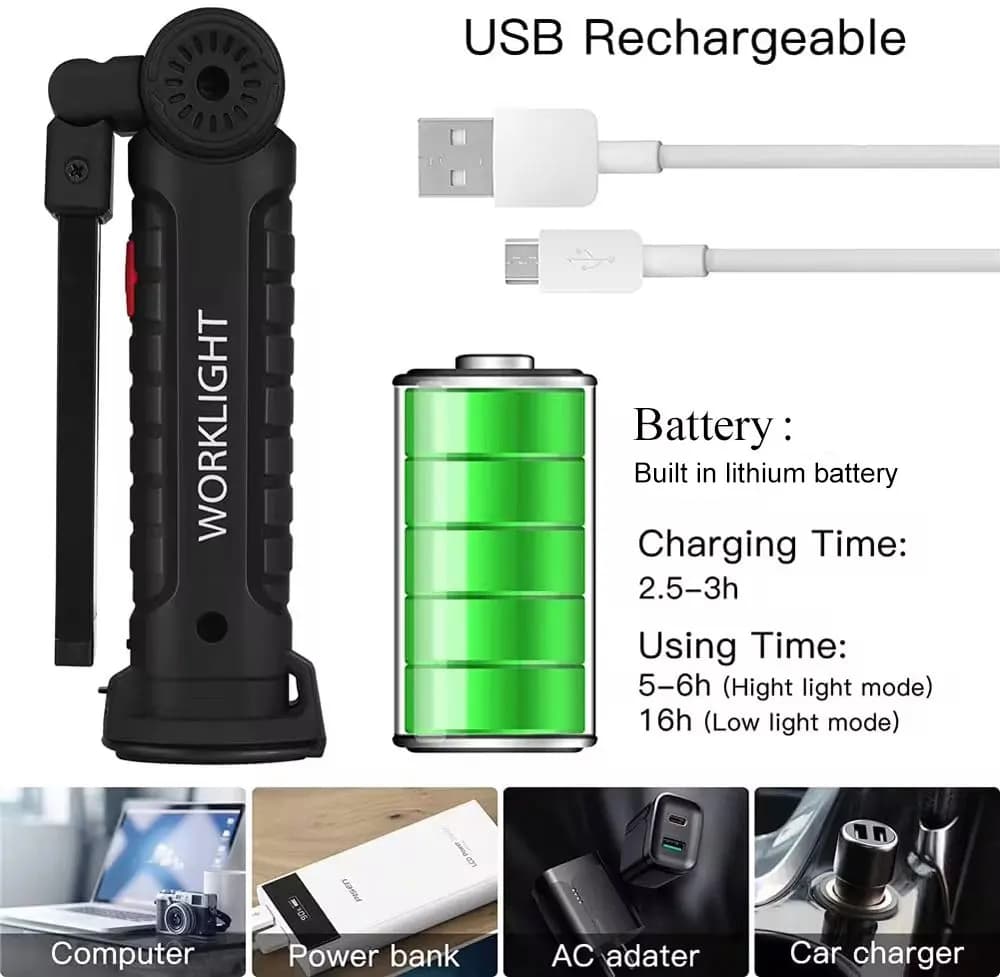 Lampe de poche LED Rechargeable, lampe de travail, crochet suspendu magnétique avec batterie intégré