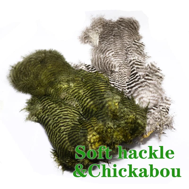 Selle de poule souple et bugger en laine grizzly, assressentide plumes de marabout, mouche premium, 