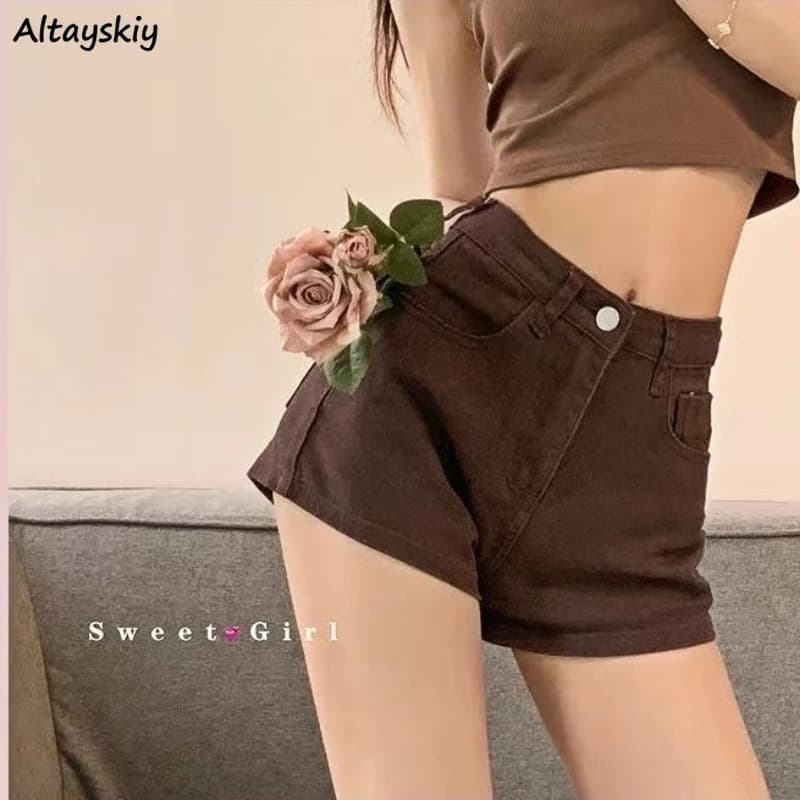 Short en denim taille haute pour femme, short marron, chic, surintendant ser, tout match, mince, sim