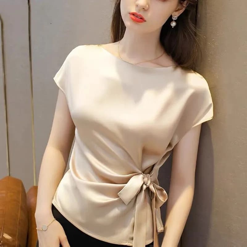 Chemise en mousseline de soie à col bateau pour femme, blouse en satin acétate, vintage, noir, blanc