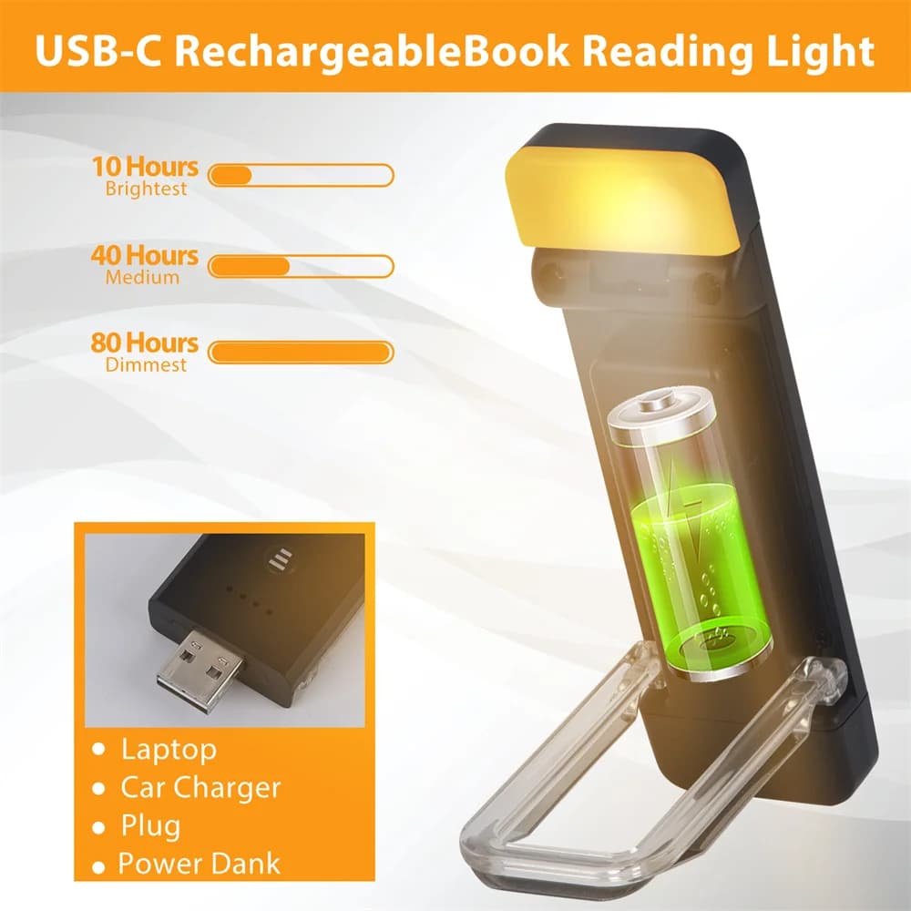 Lampe de lecture LED aste USB avec minuterie, marque-page à clipser, mini lampe de lecture, lampe de