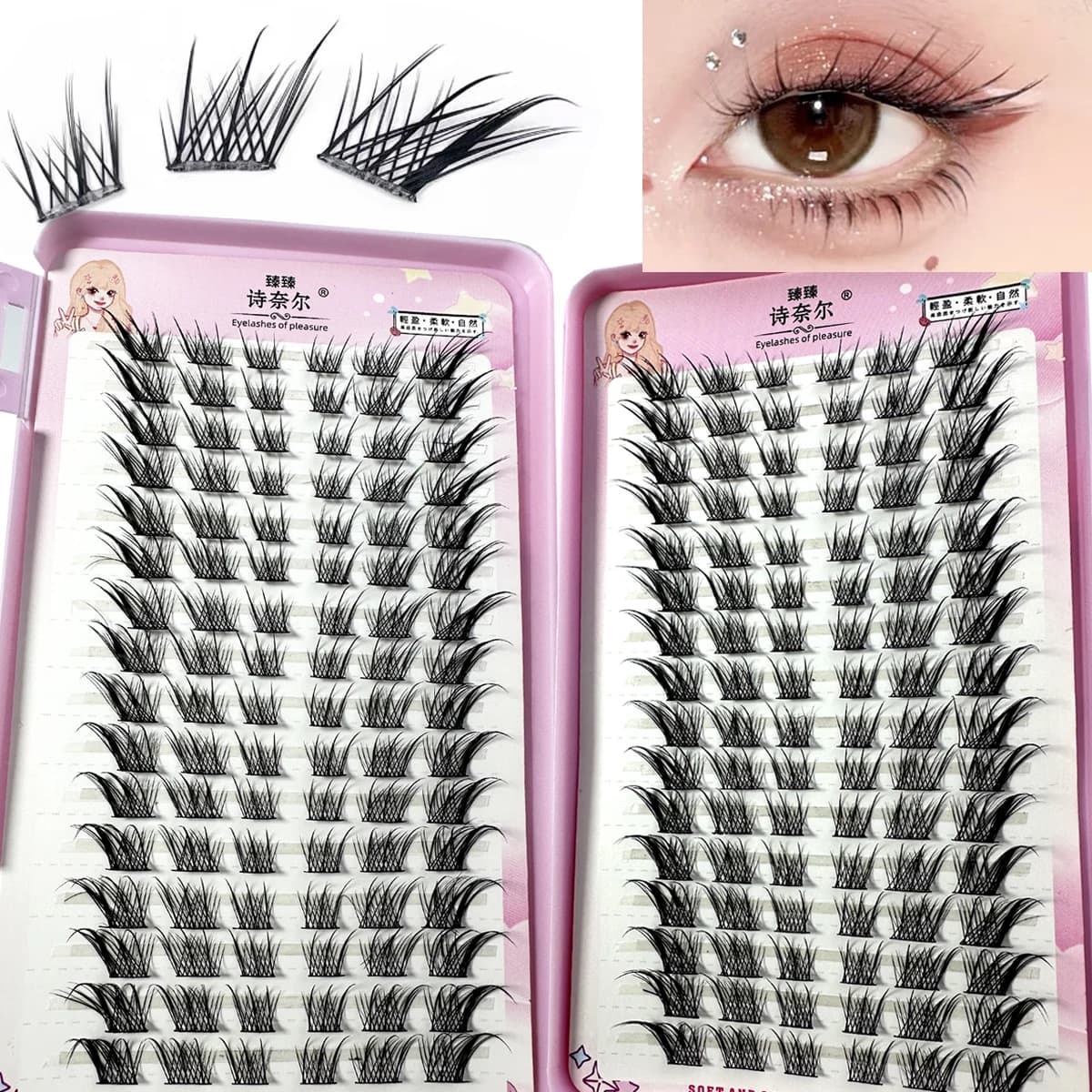 Faux cils manga œil de renard, 32 rangées, grande capacité, optique conique, segmenté, grappe indivi