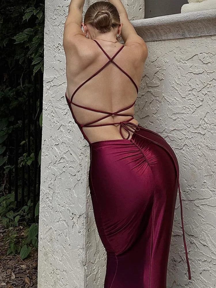 Ahagaga-Robes Maxi Sexy Club à Lacets pour Femmes, Dos aux, Mode Plis, Solide, Col en V, FibSlim, Ga