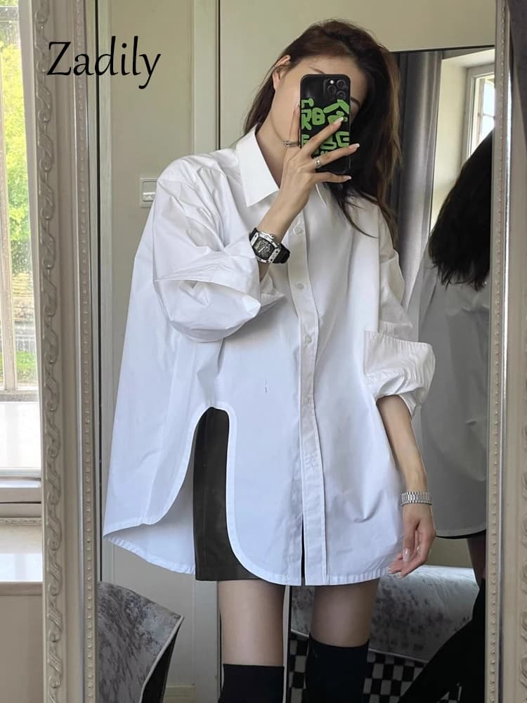 Zadily automne 2025 décontracté ample manches longues blanc chemise longue minimaliste surdimensionn