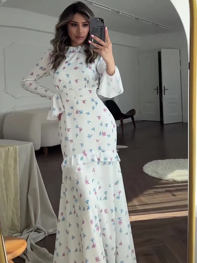 Tossy-Robe Longue Imprimée à Volants pour Femme, Tenue Élégante, Coupe Cintrée, Taille en Dentelle, 