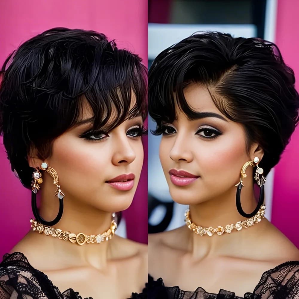 Perruque Lace Front Wig naturelle transparente, cheveux humains, coupe Pixie, ondulée naturelle, cou