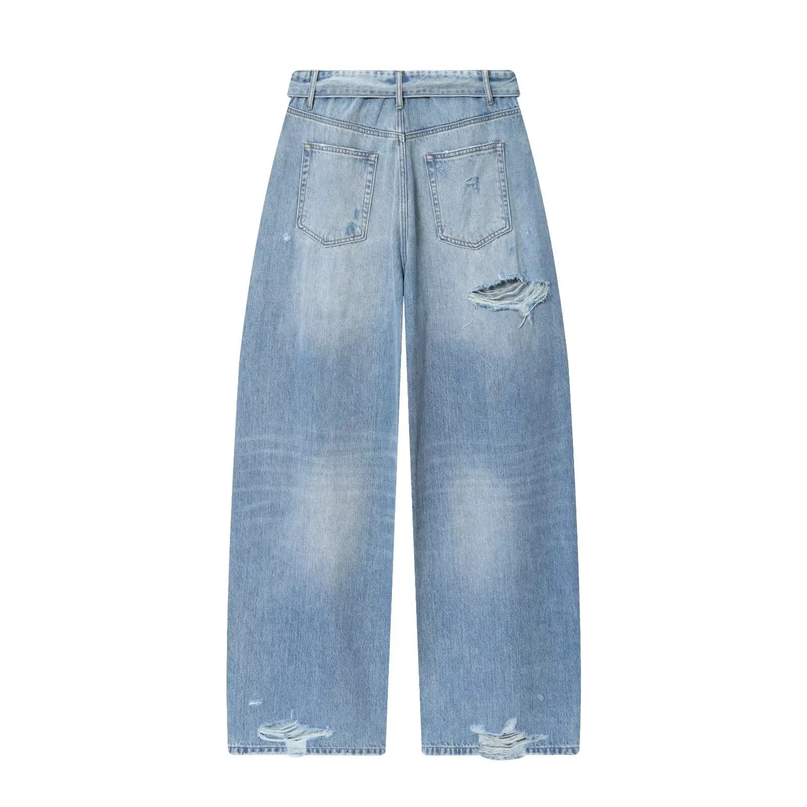 ETJ 2025 femmes nouvelle mode de rue taille pliable taille moyenne jean déchiré délavé version ample