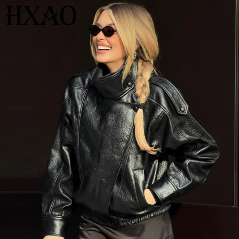 HXAO nouveauté femmes Bomber veste en cuir noir vestes recadrée surdimensionné vêtements d'extérieur