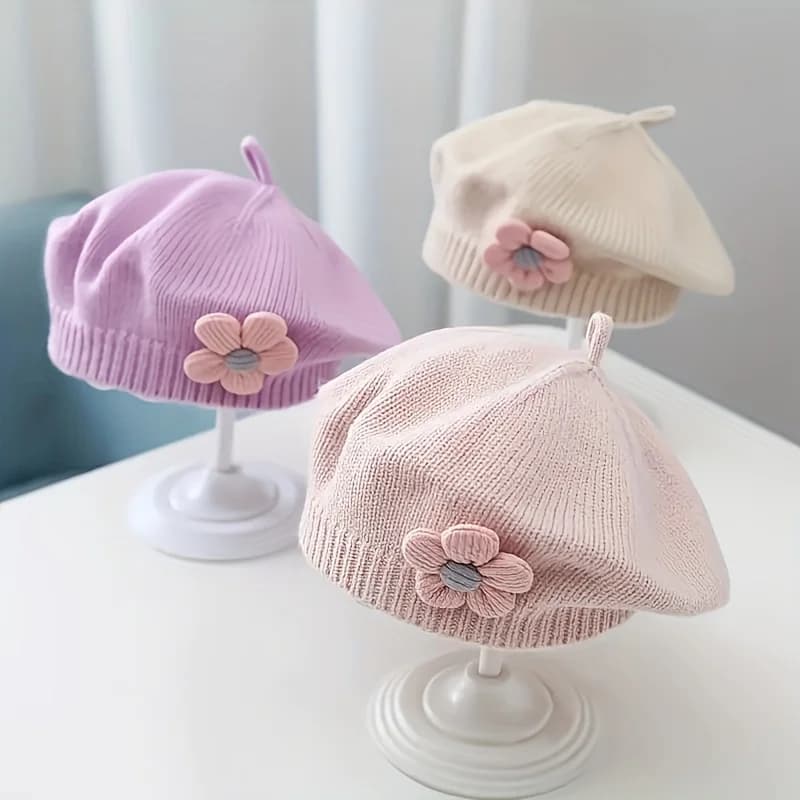 Béret à fleurs pour bébé, bonnet tricoté chaud d'hiver pour nourrissons filles, casquettes de peintr