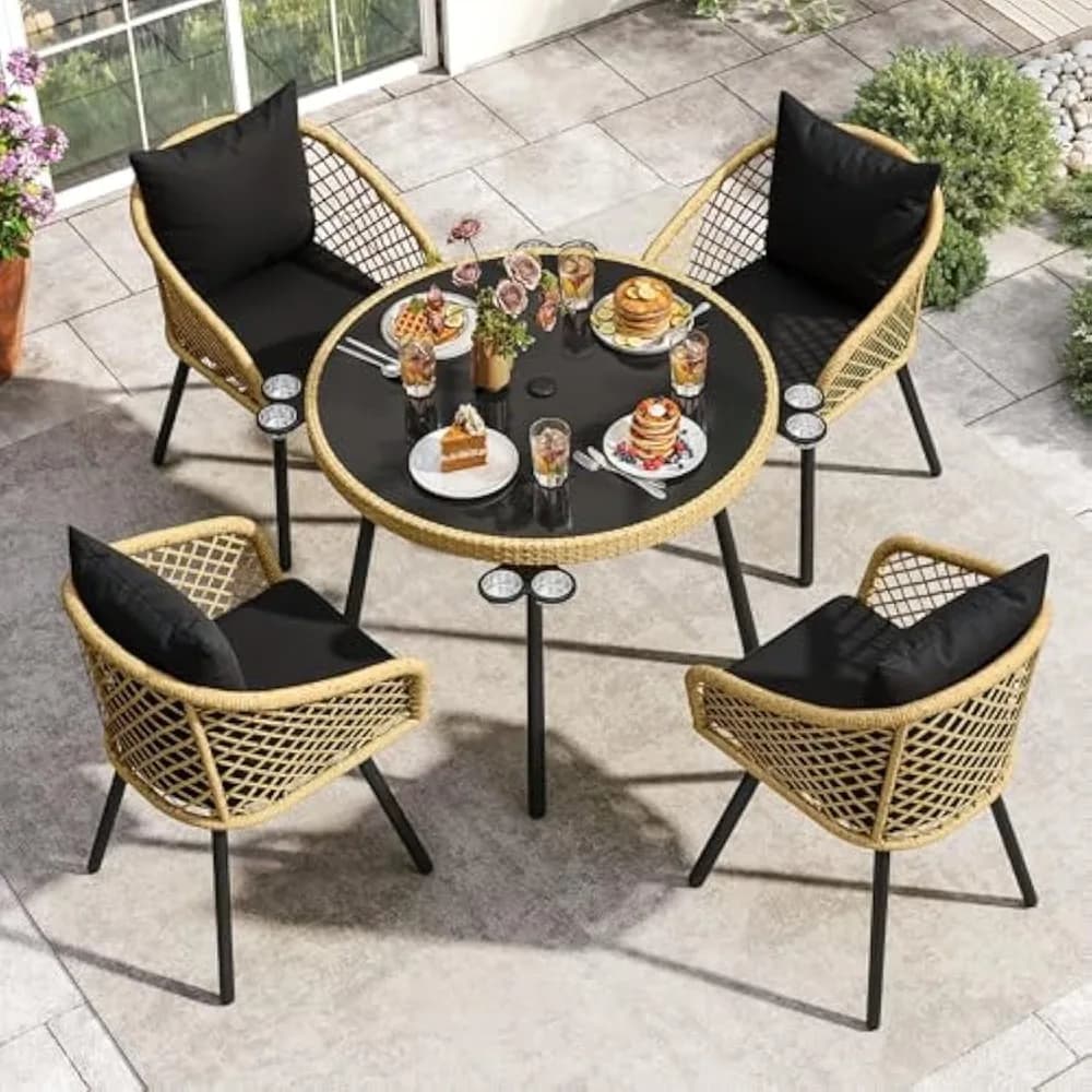 Ensemble de salle à manger d'extérieur 5 pièces avec coussins rembourrés, table et chaises de patio 