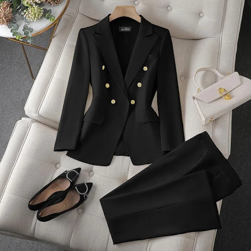 Ensemble 2 pièces de mode coréenne : Blazer à col rabattu et pantalon slim à manches longues pour fe