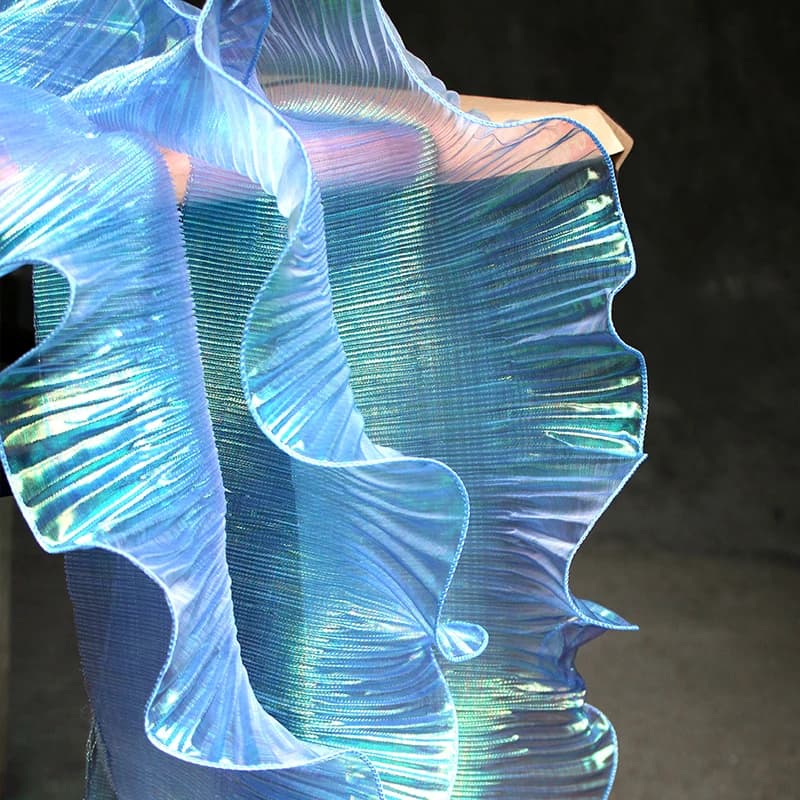Tissu en dentelle bleue plissée effet sirène, 1 mètre, Lustre néon Laser pour femmes, robe de 15CM d