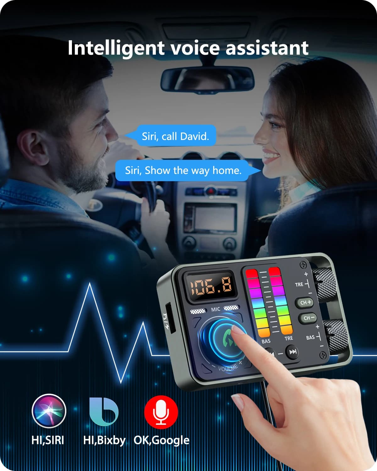 LENCENT Bluetooth 5.3 transmetteur FM de voiture, lecteur de musique haut-fi aigus et basses, charge