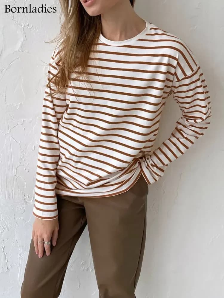 Bornladies 2025 été à manches longues rayé T-Shirts femmes basique décontracté hauts femme confortab