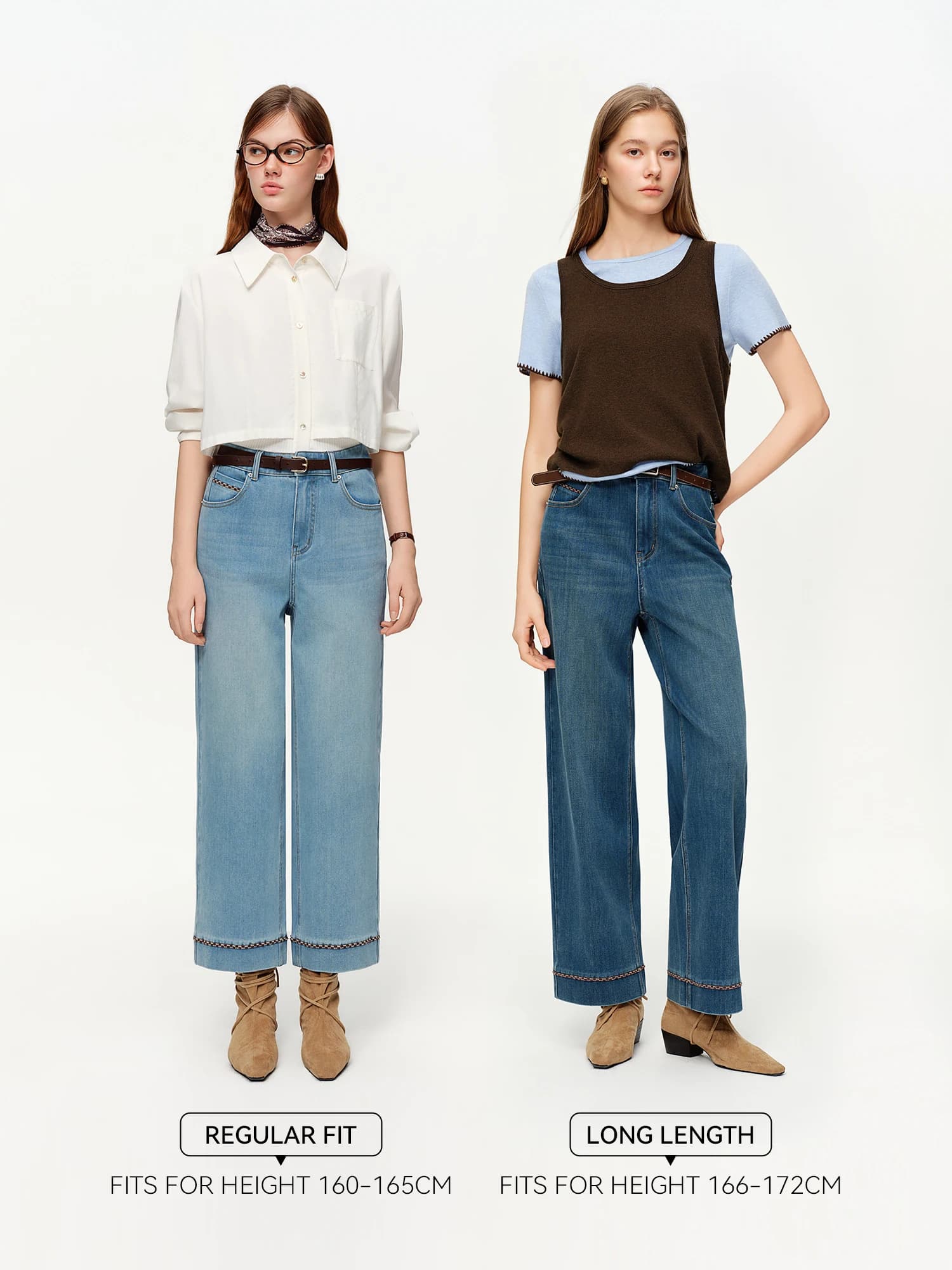 DUSHU Double longueur jean femmes taille haute coupe ajustée classique Baguette pantalon taille haut