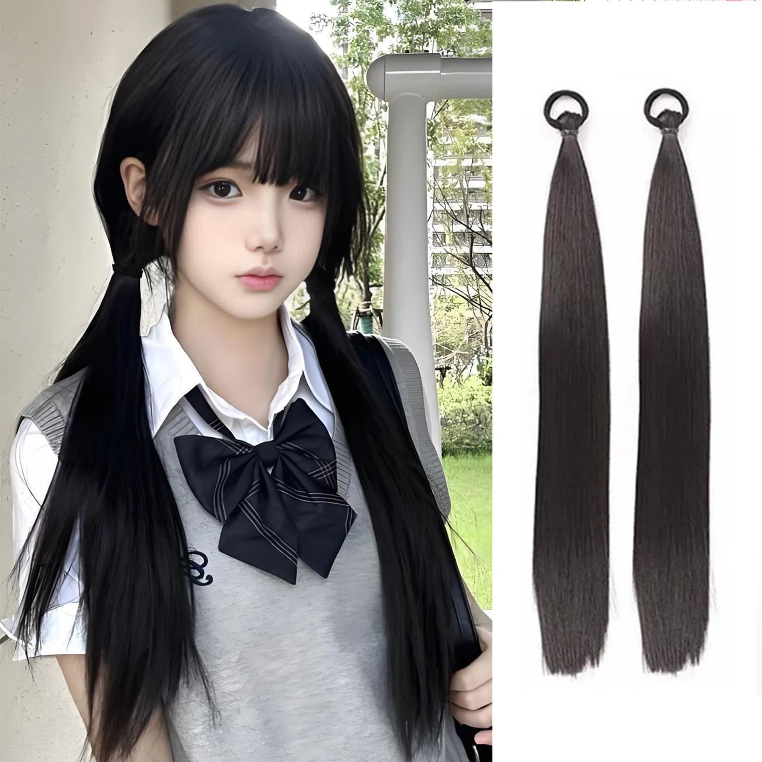 Paquet de 2 extensions de queue de cheval noires synthétiques avec cravate élastique, extensions de 