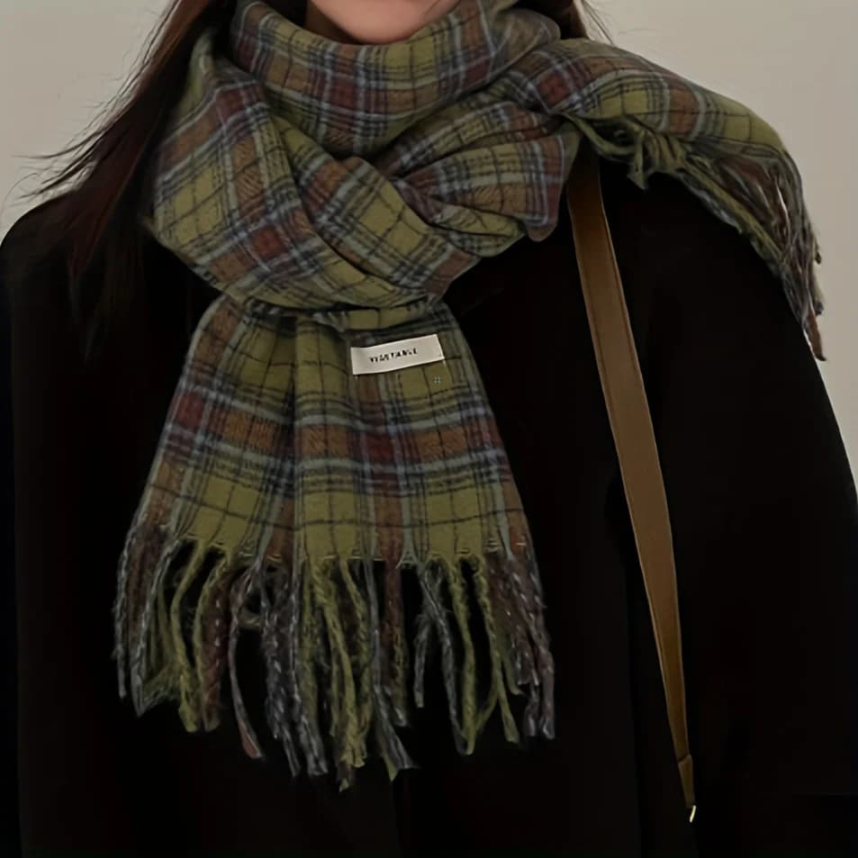 Vintage vert Plaid gland écharpe femmes Imitation cachemire épaissi chaleur automne hiver châle Wrap