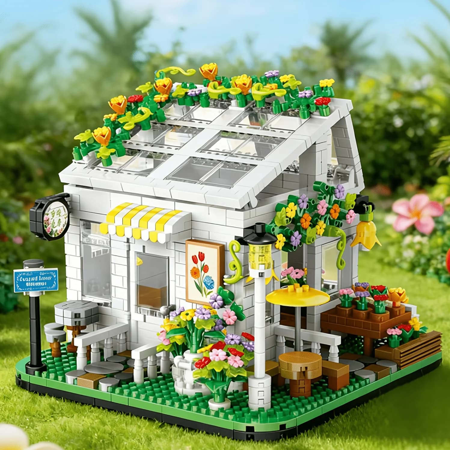Modèle de blocs de construction faits à la main Sunshine Flower House, décoration unique pour la mai