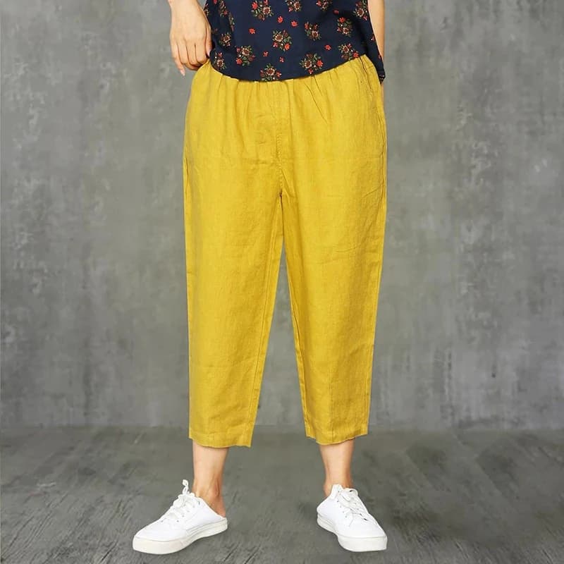 Lucyever-Pantalon décontracté en coton et lin pour femme, taille élastique, couleur unie, collection