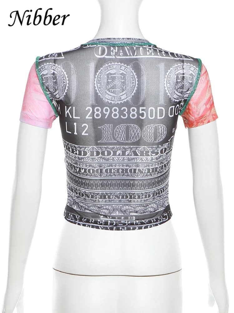 Nibber-T-shirt à manches courtes et col rond pour femme, sexy, transparent, moulant, élastique, impr