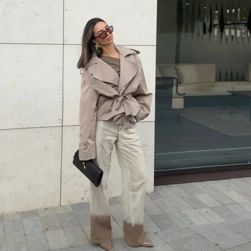 Manteau trench pour femme à col revers et col en V, manches longues, coupe ajustée, avec ceinture, c