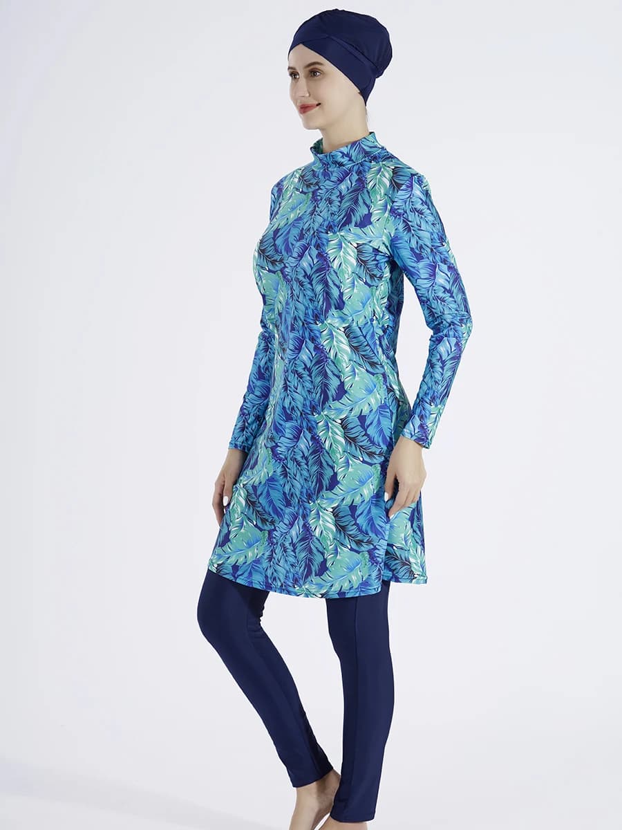 Burkini musulman à manches longues pour femmes, robe à fleurs Hijab à couverture complète, maillot d