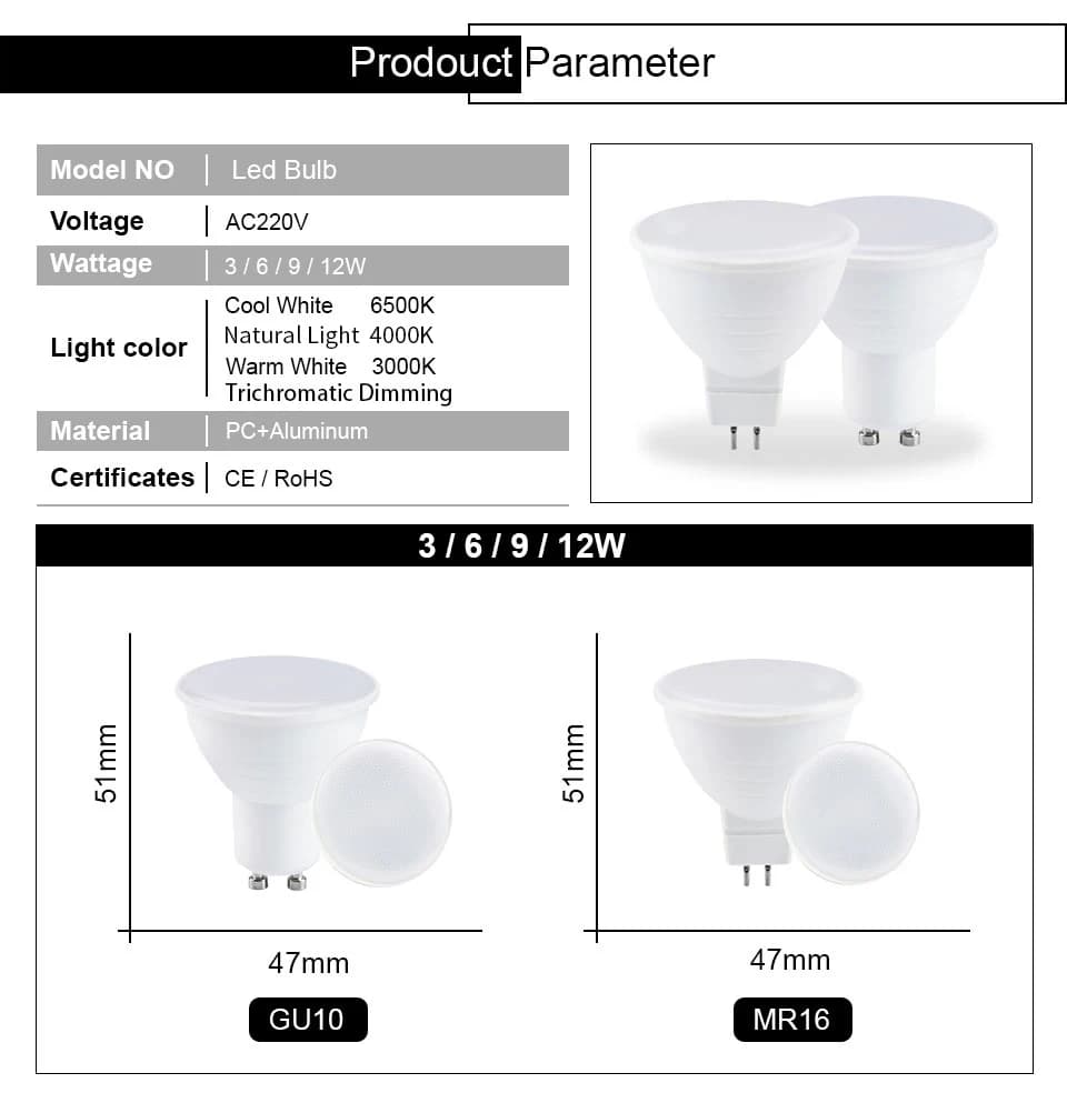 4 pièces E27 LED ampoule GU10 projecteur 220V lampe à LED MR16 maïs ampoule Gu5.3 Spot lumière LED L