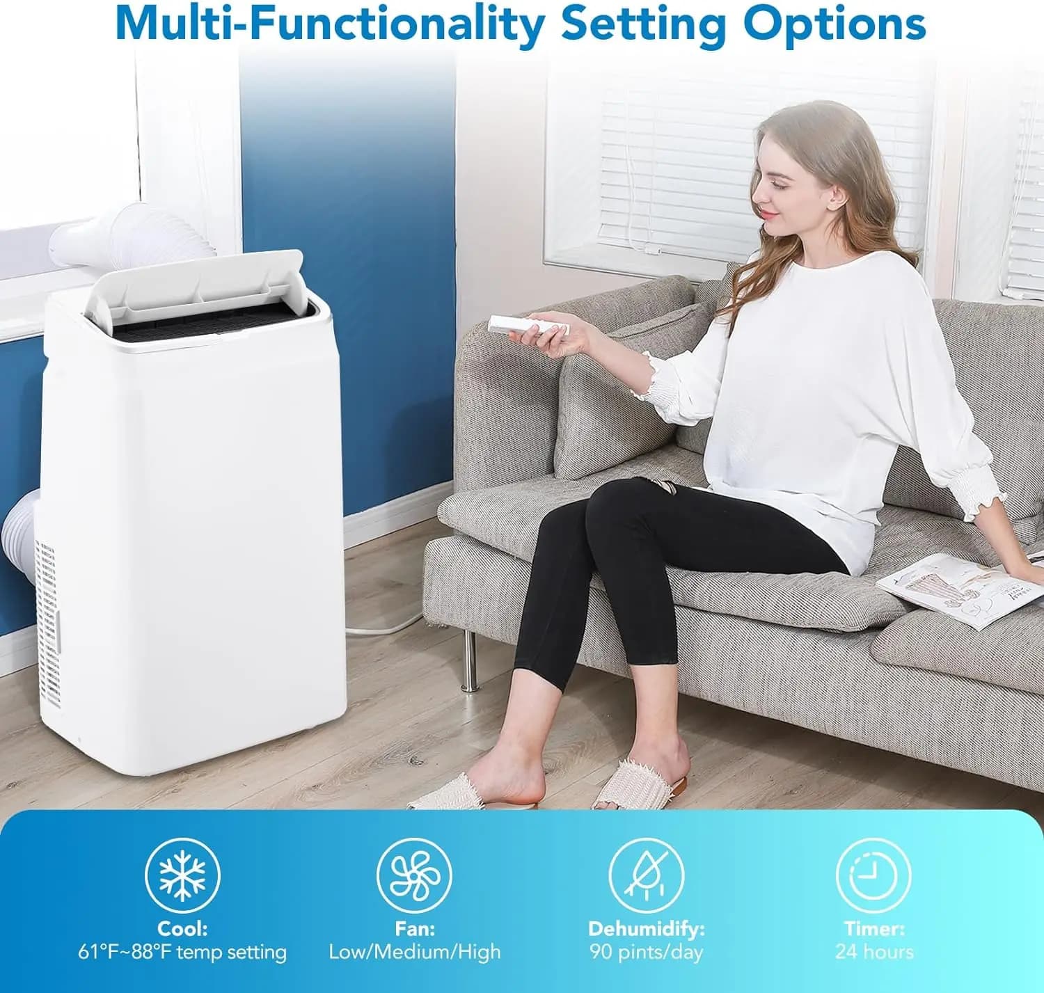 Climatiseur portable 3 en 1, 14,000 BTU, silencieux, avec télécommande, aquarelle intégrée, ventilat