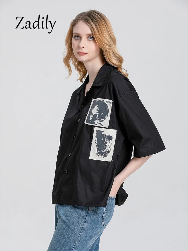 Zadily 2025 été Y2k chemise à manches courtes femmes Patch conçoit boutonné chemisier ample tunique 