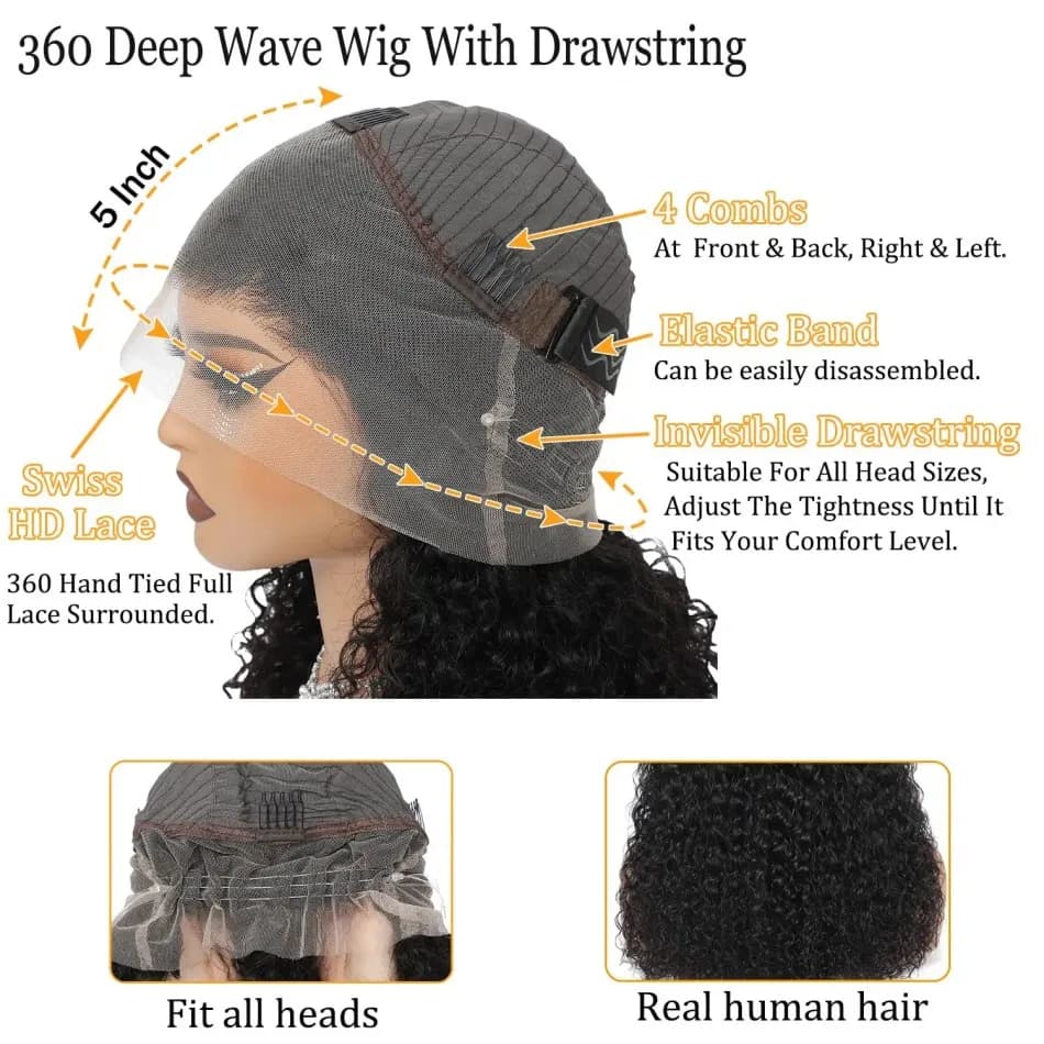 Perruque Lace Front Wig 360 naturelle bouclée, cheveux humains, pre-plucked, Hd, Deep Wave, avec cor