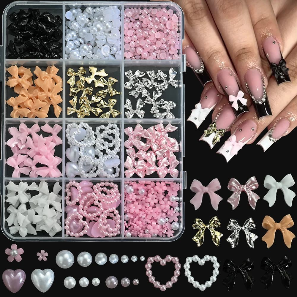 12 grilles 3D ruban multicolore fleur Nail Art breloques simulés pétales amour, nœud papillon en mét