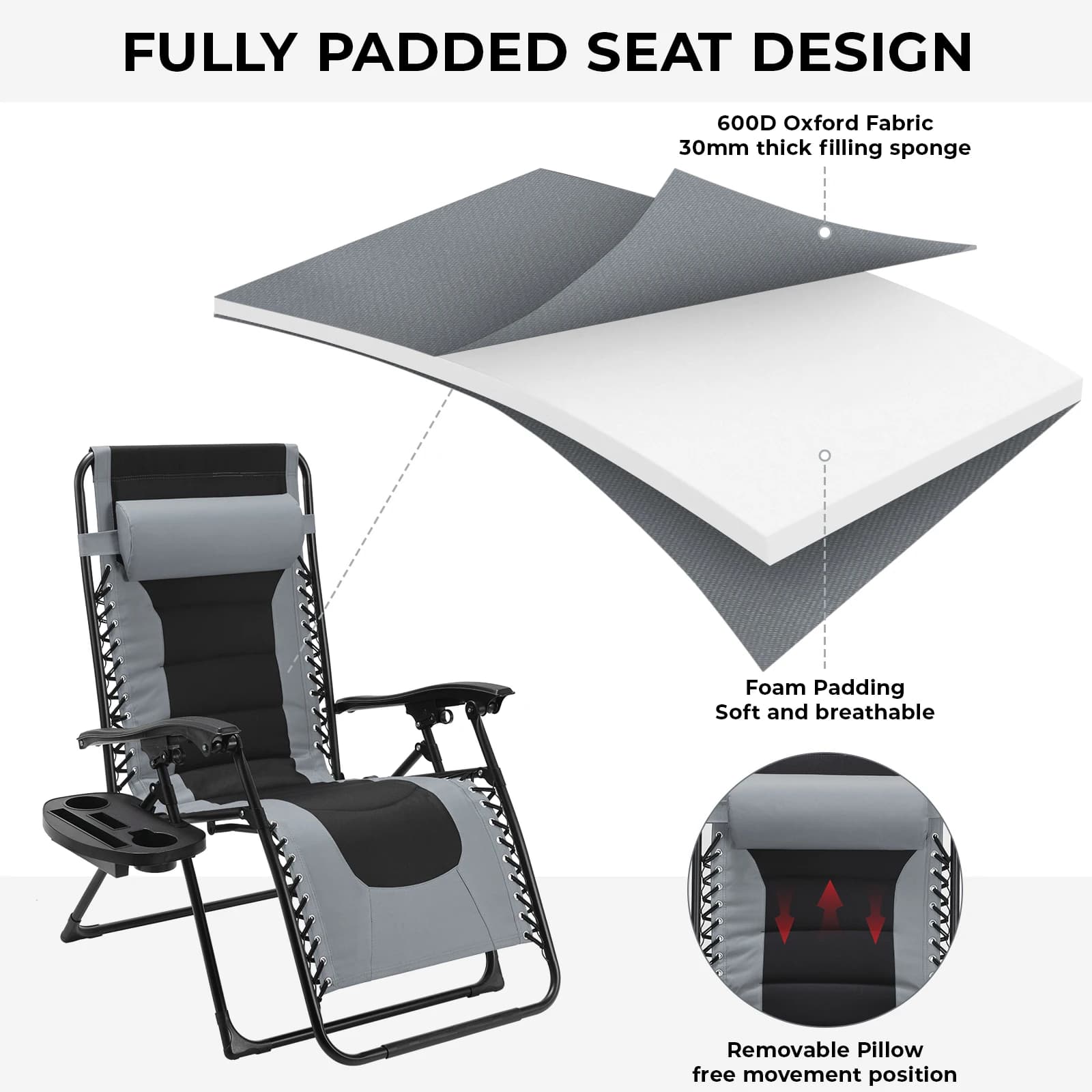 Chaise zéro gravité rembourrée, ensemble de 2 chaises inclinables pliables pour l'extérieur, chaise 