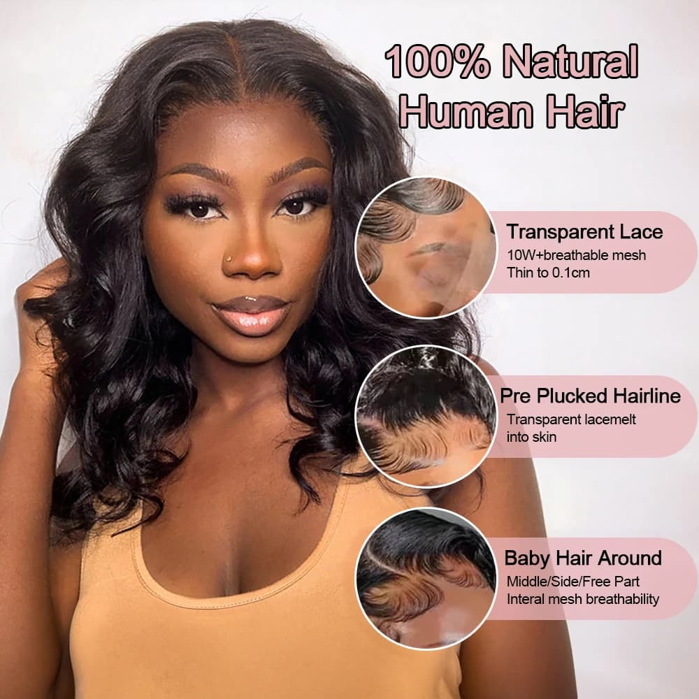 Perruque Bob sans colle naturelle Body Wave cheveux humains brésiliens 13x4 13x6 HD dentelle avant p