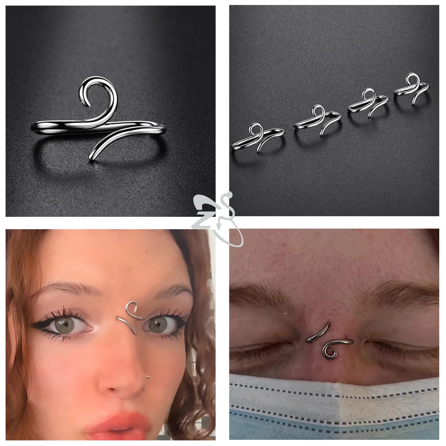 ZS 1PC 16G 925 argent crochet intérieur crochet extérieur anneau à sourcils pont en spirale nez Stud