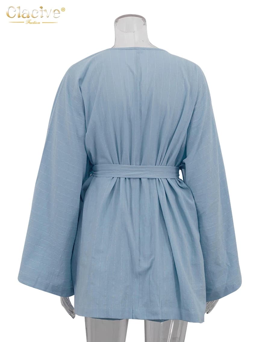 ClacMarkets-Ensemble 2 pièces en coton à rayures bleues pour femmes, robes élégantes à manches longu