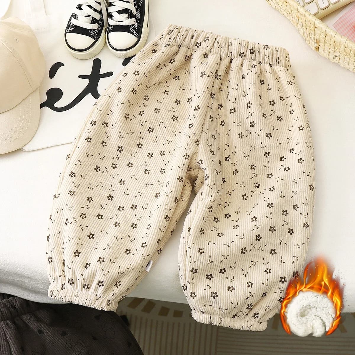 Pantalon unisexe doublé polaire pour enfants, collection Printemps 2026, motif rétro à pois, pour ga