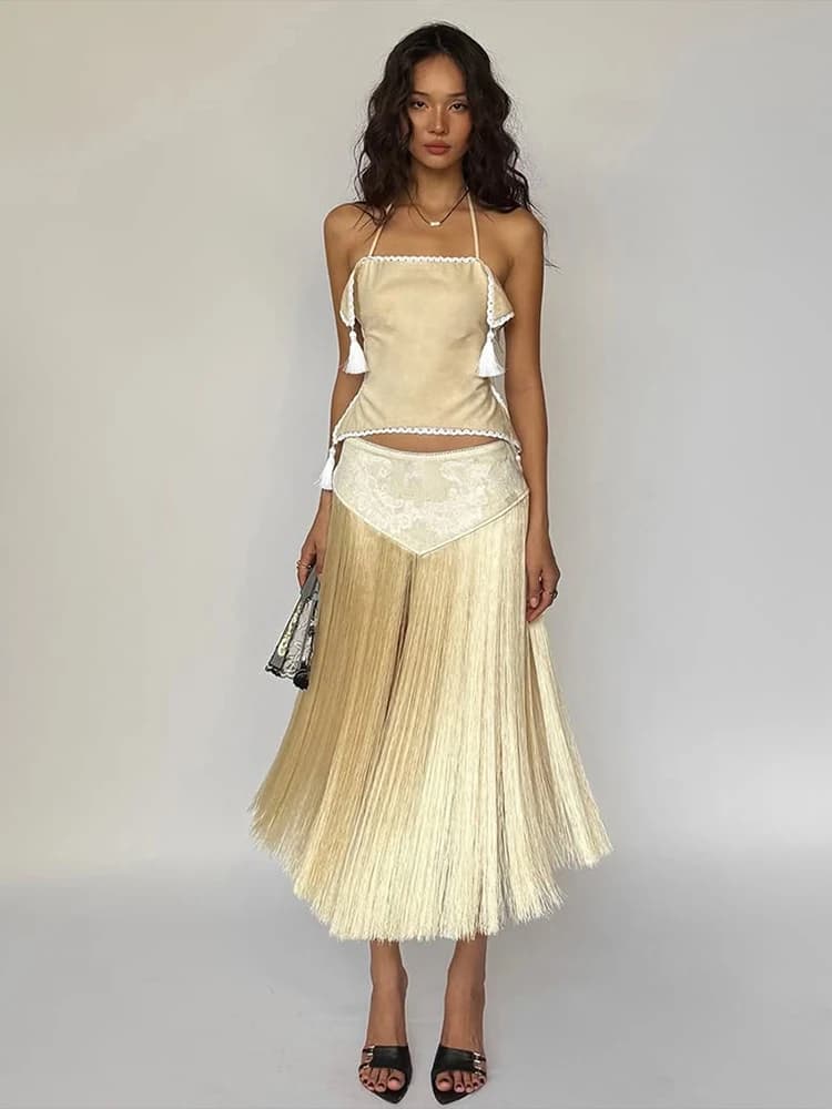 Kliou Sexy Mode Jupes Costumes Femme Halter Bandage Dos Nu Irrégulière Crop Tops + Gland Décoration 