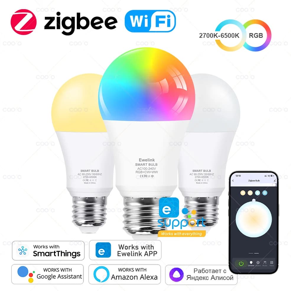 Ewelink-Ampoules LED intelligentes E26, Ampoules LED, Wifi, RGB, CW, WW, 15W, 18W, Alexa, Google, Sm